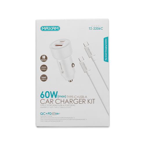 Kit Cargador de Auto 60W (máx) Tipo-C + USB-A		 		