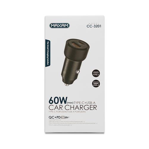 Cargador de Auto Maxam 2 USB + Cable Tipo C		 		